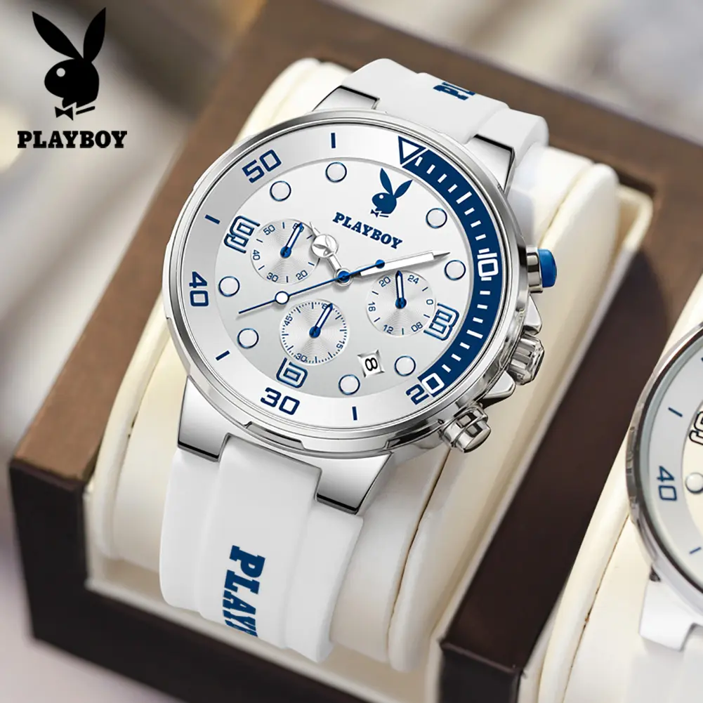 PLAYBOY Watch for men Luminous With Calendar Multifunction dial original Waterproof rubber Strap Quartz men watch
