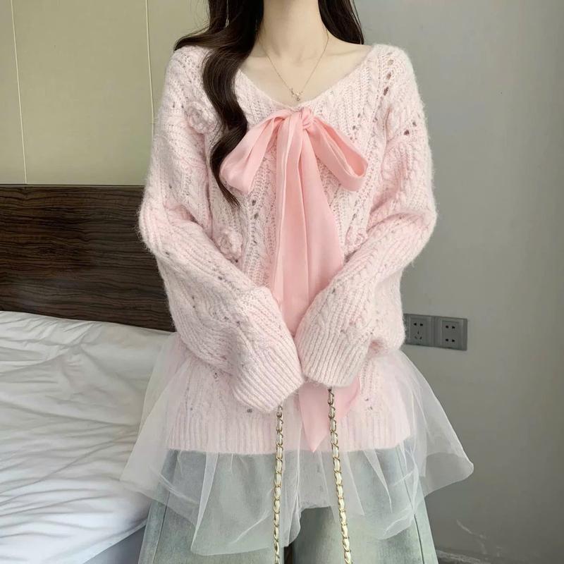 HÀNG QC KÈM NƠ VÀ HOA Áo len kiểu nữ AL811 chất lông thỏ dáng babydoll tiểu thư form rộng dài tay dày dặn thu đông Hàn Quốc Kozoda