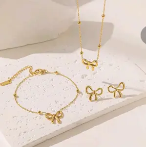 [FREE CINCIN] Promo Set Titanium Wanita Liontin Pita Jedar Terbaru Kalung Gelang dan Anting Anti Karat Tidak Luntur dengan Desain Pita yang Menarik