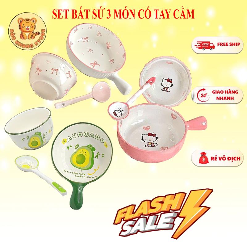  SET BÁT SỨ CÓ TAY CẦM 3 MÓN CAO CẤP BÁT SỨ ĂN CƠM BÁT SỨ CÓ TAY CẦM THÌA SỨ BỘ BÁT SỨ CHO BÉ ĂN NGON THÍCH HỢP LÀM QUÀ TẶNG CHÉN ĂN CƠM 