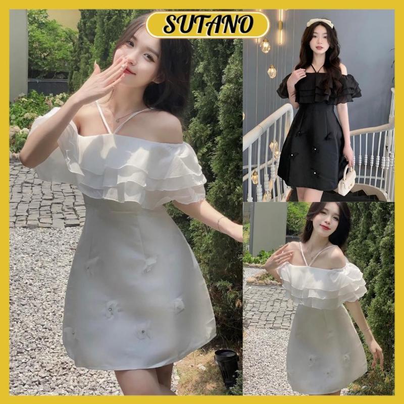 Đầm thiết kế trễ vai phối bèo tafta đính ngọc tiểu thư sang chảnh váy dự tiệc công chúa bánh bèo V249 SUTANO