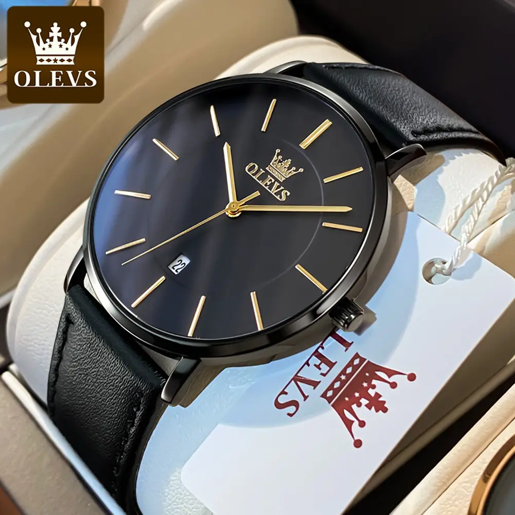 OLEVS Original Quartz Watch for Men Leather Strap Waterproof Casual Fashion Date Calendar Minimalist Ultra Thin Classic Wristwatch Man Watches Gift with Box