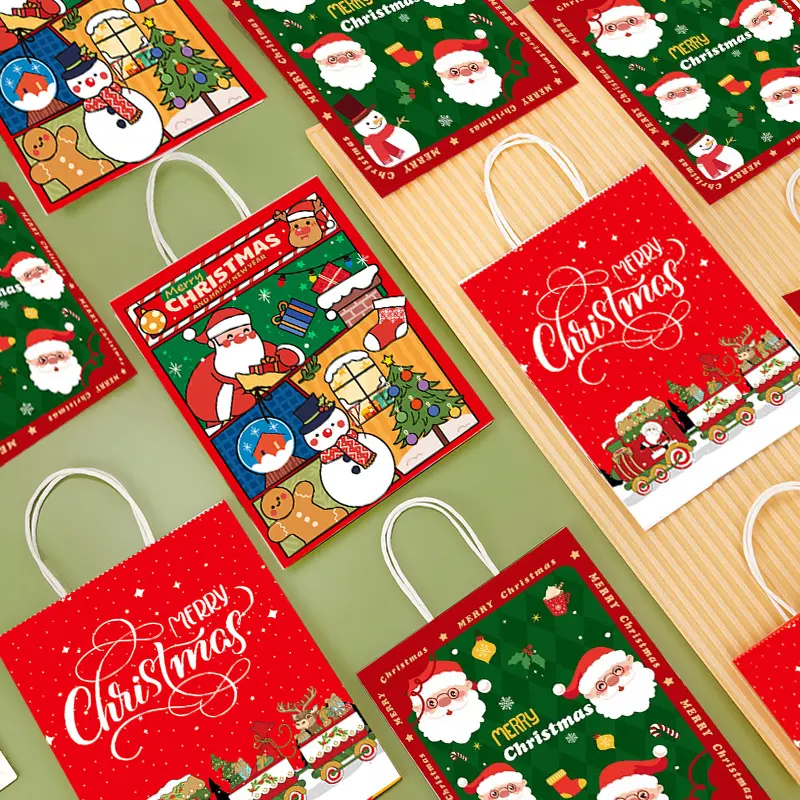 10PCS/1SET Merry Christmas Red Gift Bags Holiday Paper Bags with Tote Handles Thickened Santa paper bag for christmas Red Green Seasonal Celebrations 1