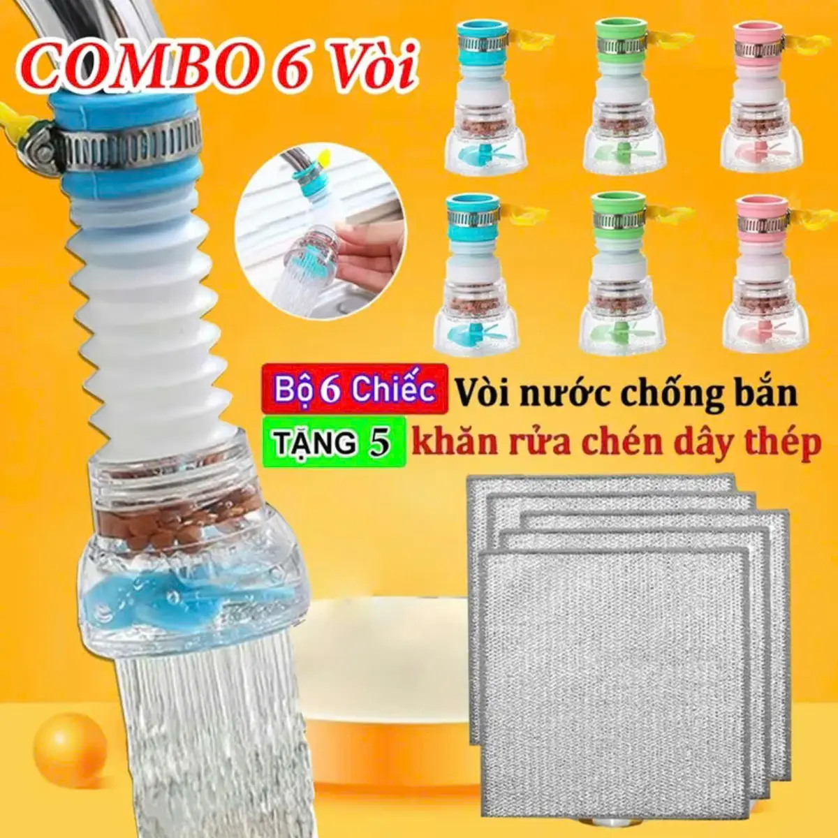 [Combo 6 Vòi Tặng 5 Giẻ Rửa Bát ] Đầu Vòi Chống Bắn Nước Có Bộ Lọc Xoay 360 Độ Và Kéo Dài 12 cm