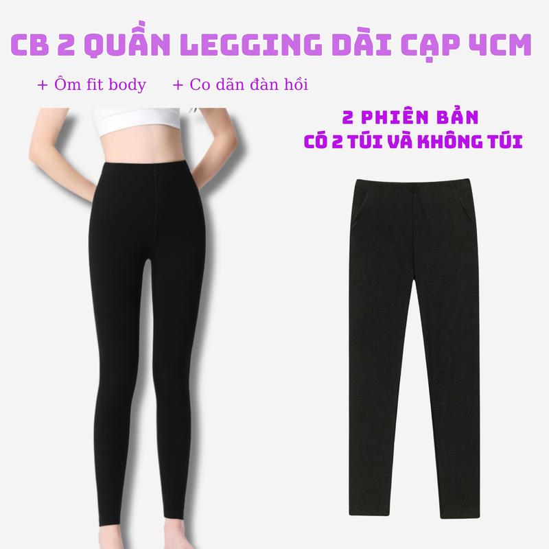 Combo 2 Quần Legging Nữ Dài Ôm Body Cạp Cao 4cm Co Dãn Thoáng Khí Màu Đen Trẻ Trung Tập Thể Thao Đi Chơi Size S - 2XL Women Có 2 Phiên Bản: Có Túi Và Không Có Túi