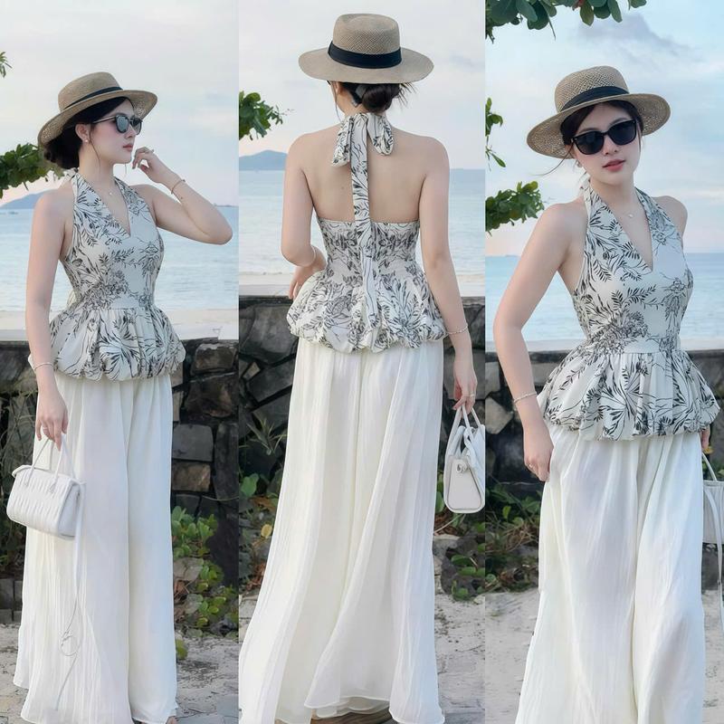 Set đồ nữ thiết kế áo mango hoa cổ yếm cột dây nơ moking phía sau phối quần đuic ống rộng sang chảnh, xinh xắn phù hợp cho các nàng diện đi biển, đi du lịch