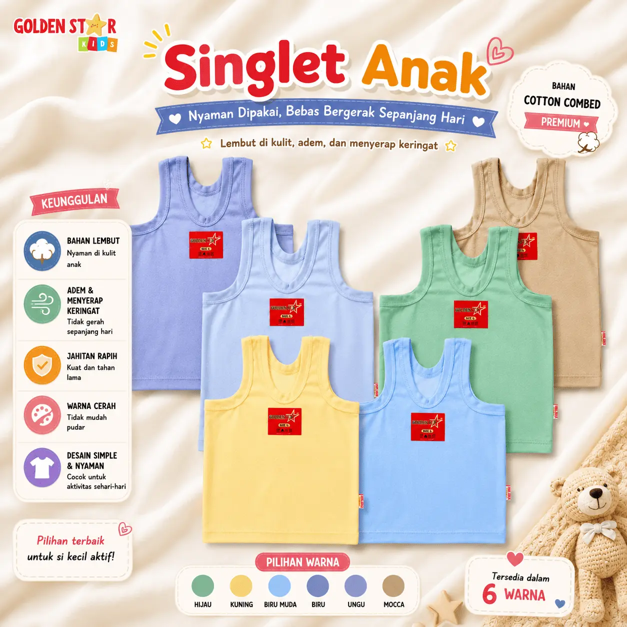 6-12 PCS kaos dalam anak cowok laki laki kaos singlet anak 6–12 tahun  Kaos Dalam anak katun golden Star Anak-Anak Remaja Fashion Singlet Kaos dalam Anak laki laki / Perempuan - Singlet Anak Laki-Laki Perempuan