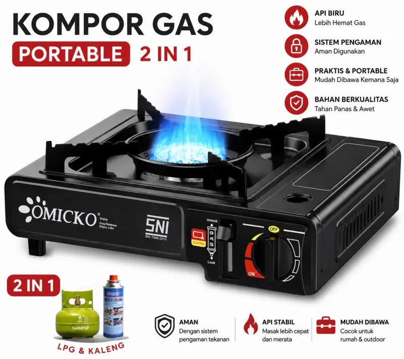 Kompor portable 2in1 omicko/bisa pilih WARNA/bisa gas kecil dan tabung 3kg - Termurah
