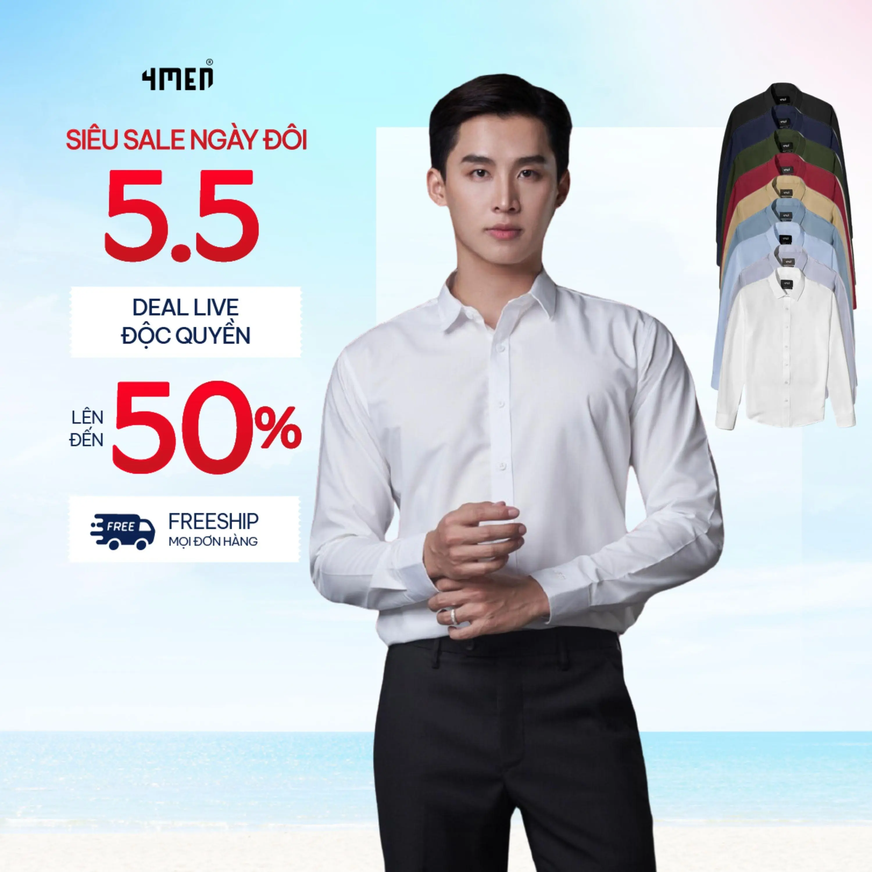 Áo sơ mi nam trơn tay dài 4MEN SM088 nhiều màu đẹp, Trắng thanh lịch, dễ phối, vải lụa chéo hạn chế nhăn, mềm mại, form regular suông dễ mặc Menswear