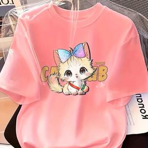 カラーリボン子猫柄プリント婦人用半袖Tシャツ、丸首、ゆったり、純綿カジュアルトップス、丸首、ショルダーベルト、ゆったりシルエット、通気性、肩落ちデザインプリントTシャツ夏のゆったりタイプ