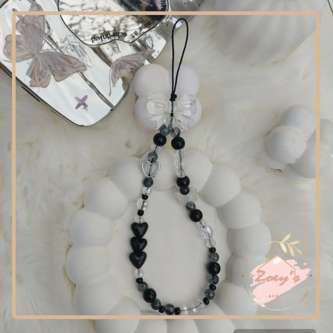 Strap Phone Black Clear Gantungan Handphone Aesthetic beads e