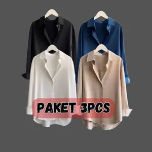 Paket 3 Pcs Atasan Kemeja Wanita Polos Lengan Panjang Blouse Casual Formal Baju Kerja Cewek Kantor Putih Dewasa Katun