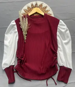 Blouse HORNET Kinan Kombinasi Satin Buff Sleeve Baju Wanita Serut Kiri Kanan