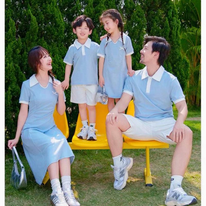 Đồng phục gia đình, đồ đôi nam nữ thun xanh biển nhạt phối trắng nơ ngực siêu xinh - FOREVER COUPLE