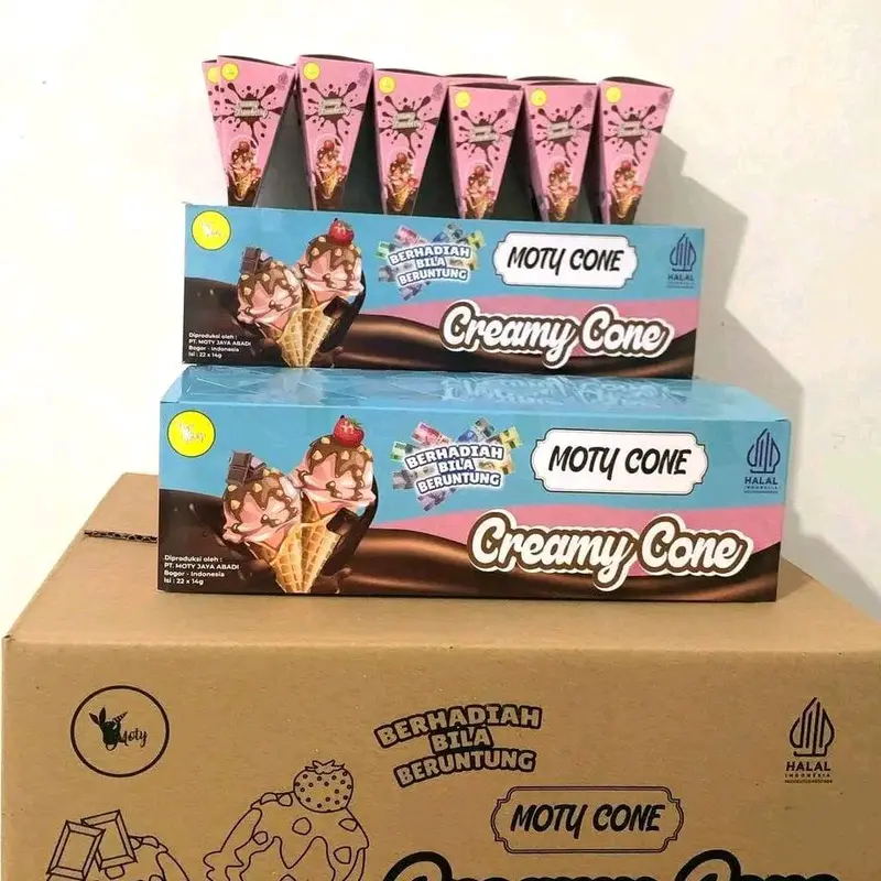 Paket 2 Box Cone Creamy Cokelat dan Stroberry isi 22 Pcs - Wafer Cream Crispy Full Chocolate dan Stoberi - Cemilan Food Snack Manis Camilan Coklat 6