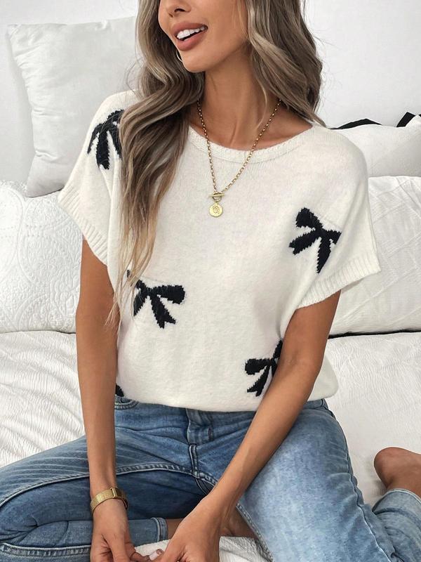 Women's Bow Pattern Crew Neck Sweater Pullover, Casual Short Sleeve Jumper for Summer, Fashion Women's Knitwear for Daily Wear 0