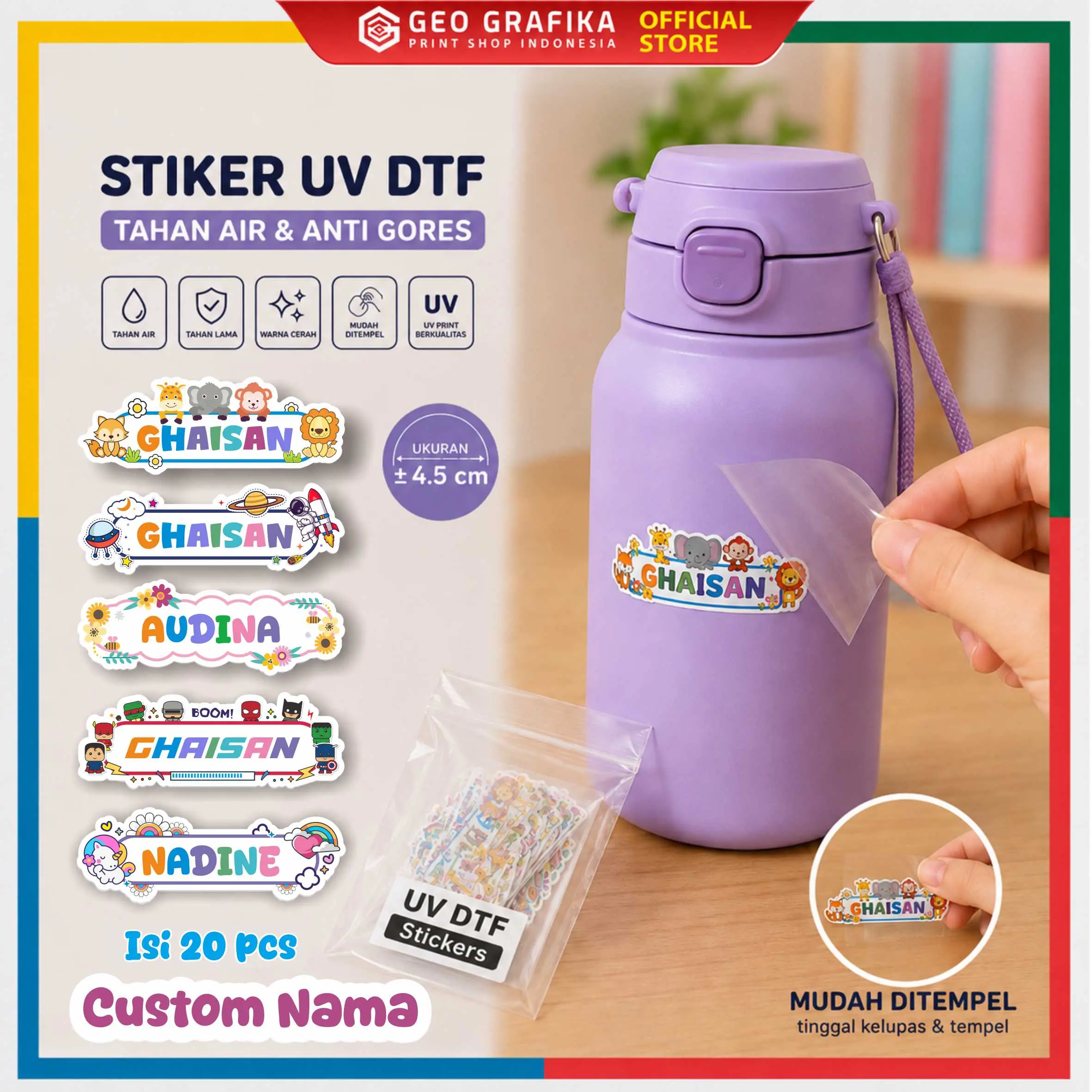 Stiker Nama UV DTF Custom Nama Anak Isi 20 PCS | Waterproof Anti Gores - Geo Grafika