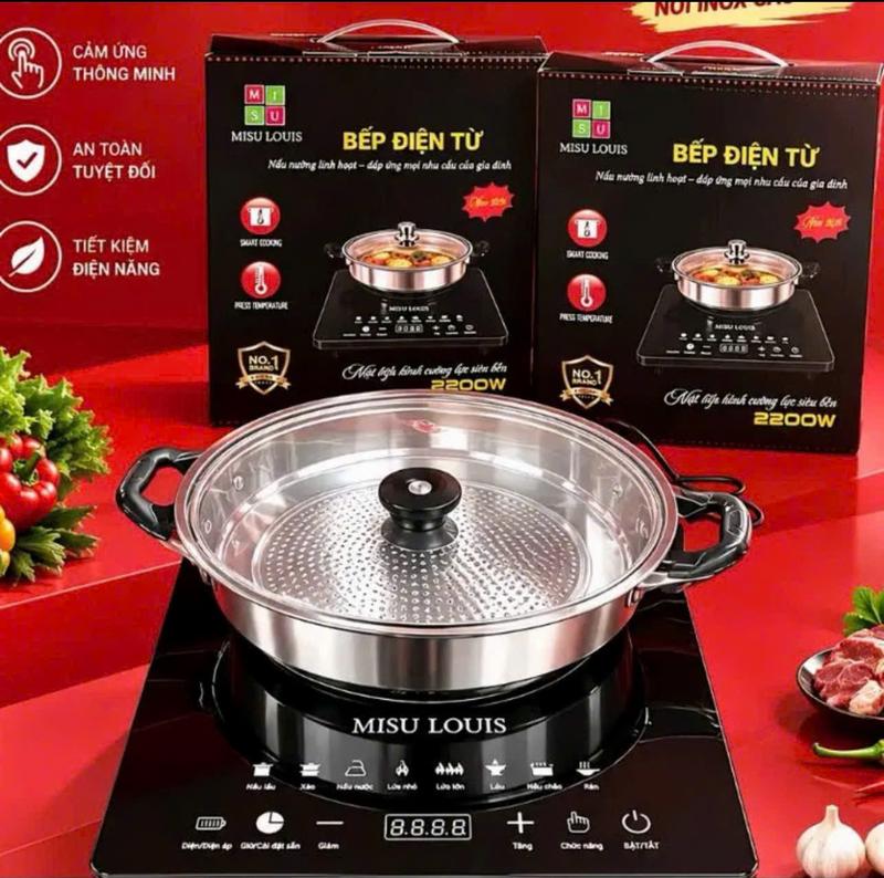Bếp điện từ, tặng kèm nồi inox công xuất lơn 2200w, điều chỉnh bằng nút ấn bảng tiếng việt. thiết kế sang trọng, mặt kính chịu nhiệu cao