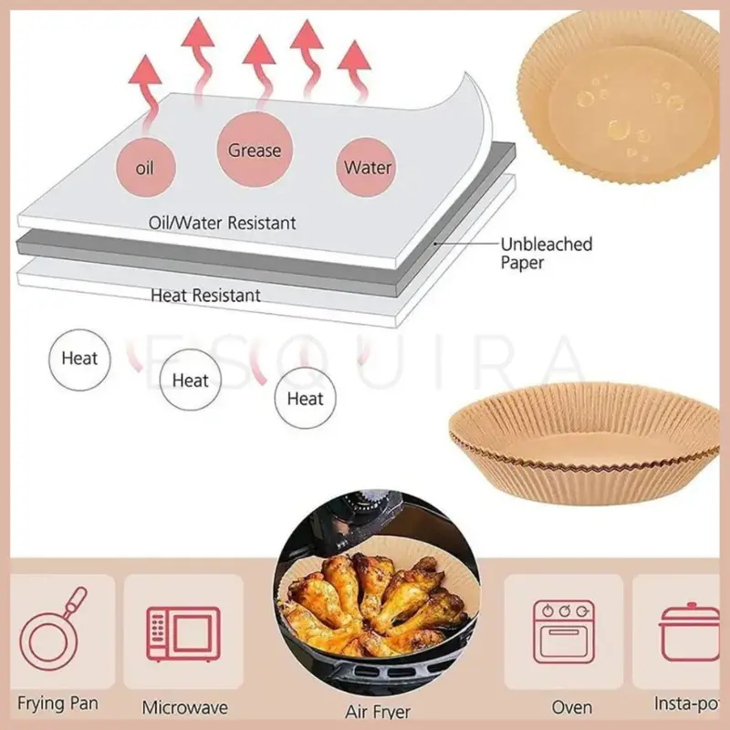 (ESQ) (50 pcs) Kertas Air Fryer Bulat Sekali Pakai Anti Lengket AFP 5
