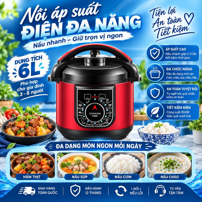 Nồi Áp Suất Điện 6L Công Suất 1000W, Nồi Hầm Đa Năng Nấu Ăn Tiện Lợi, Dung Tích Lớn Cho Gia Đình