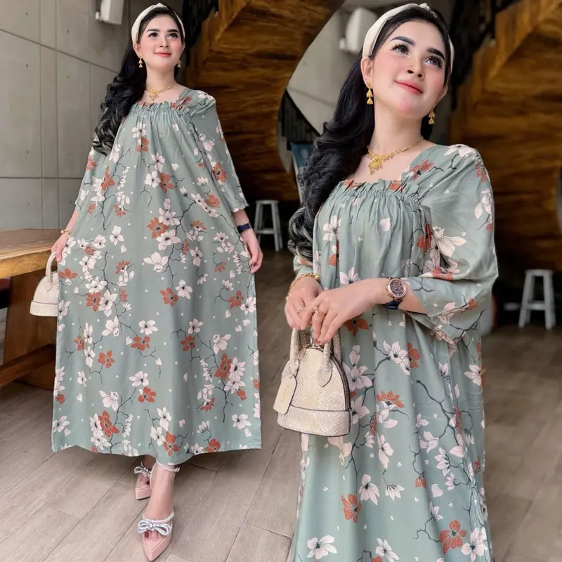 Long dress fuji Motif Bunga sakura Rayon cantik elegan daster jumbo viral Harian Nyaman 2