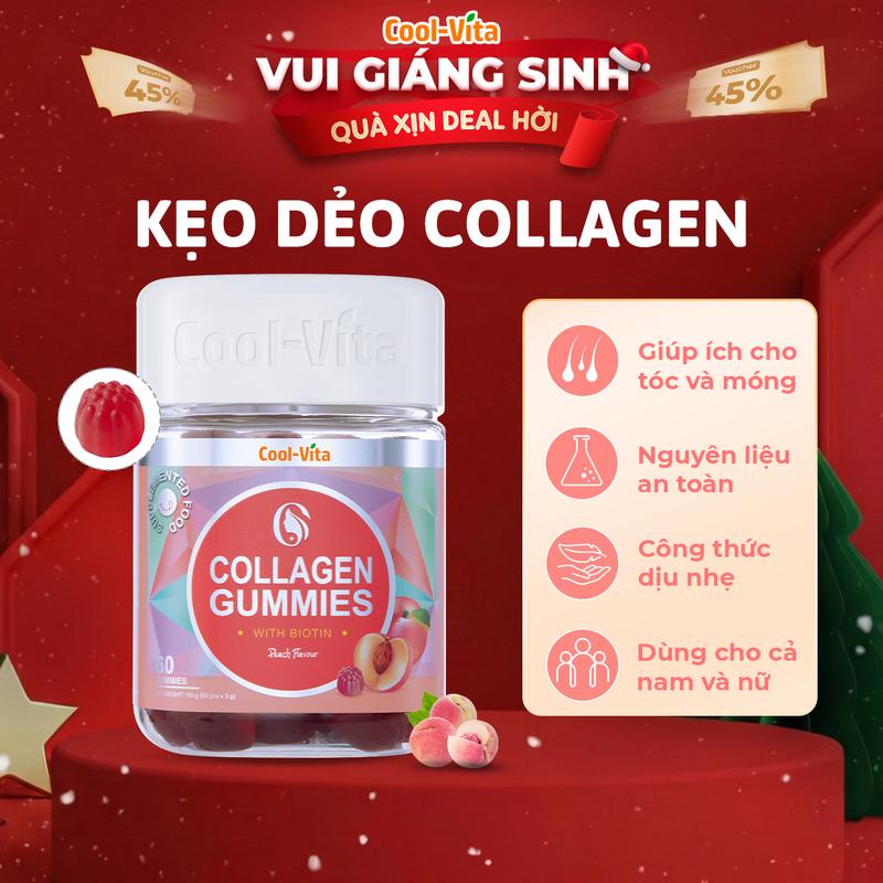   A  Kẹo Dẻo Collagen Hỗ Trợ Trẻ Hóa Sáng Da - Cải Thiện Sức Khỏe Tóc Móng Vị Đào Kết Hợp Biotin Vitamin C & Vitamin E Coolvita  60 viên x 3g  hộp 