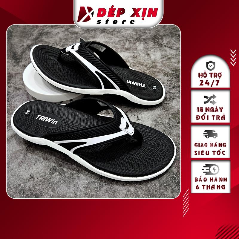 Dép Kẹp Nam Cao Cấp TRIWIN Quai Nhựa Mềm Đế Cao Su Chống Trượt (Đen Sọc Trắng)  DéP Đế Bằng Đồng Hoa GiàY xỏ depkep ngón dibien