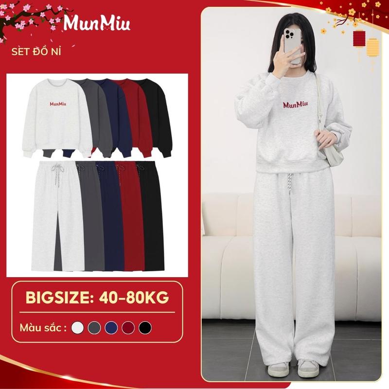 Set đồ nỉ nữ MunMiu dáng rộng bigsize thêu logo mặc ở nhà đi chơi năng động trẻ trung 145