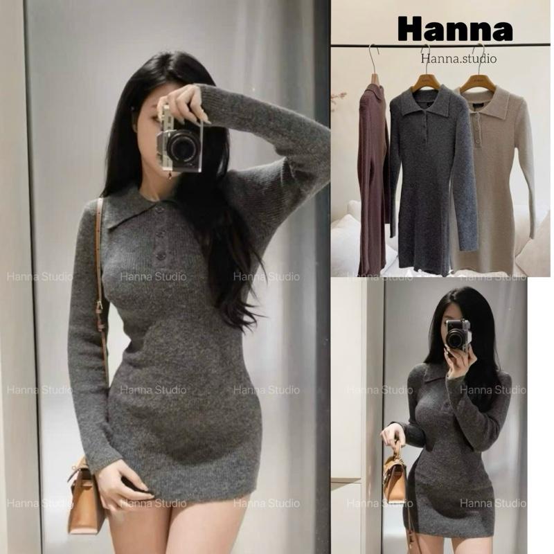 Deal Mẫu Mới Váy len tăm dài tay cổ đức cúc cài form ôm body tôn dáng thời trang Hàn Quốc