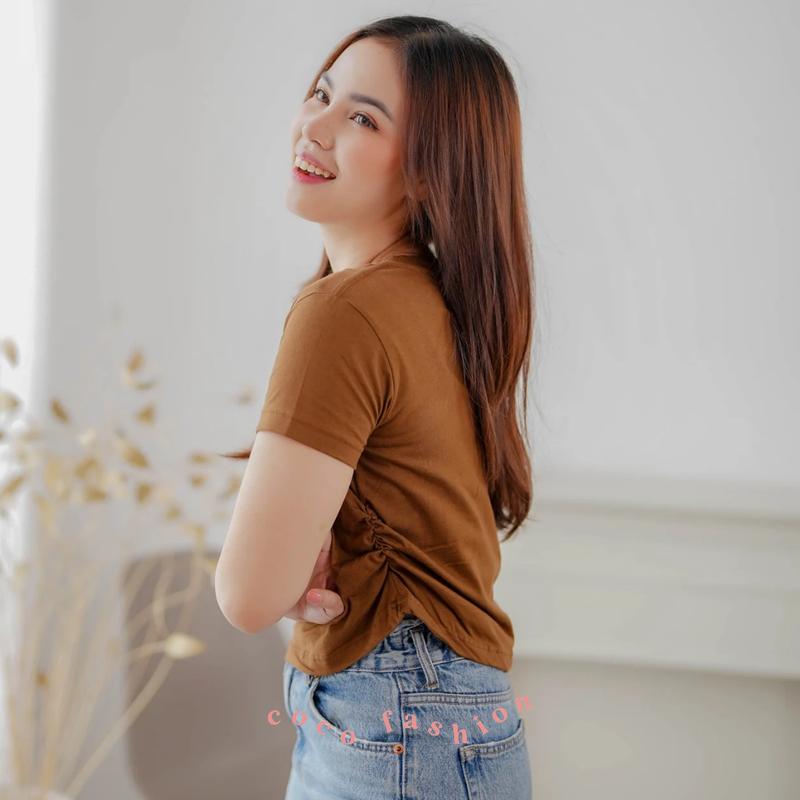 Atasan Wanita Kaos Lengan Pendek Liza Top Kerut Samping Korean Cute Girl Style Cotton Combed Premium Size M L XL Basic Polos Casual Outfit 9