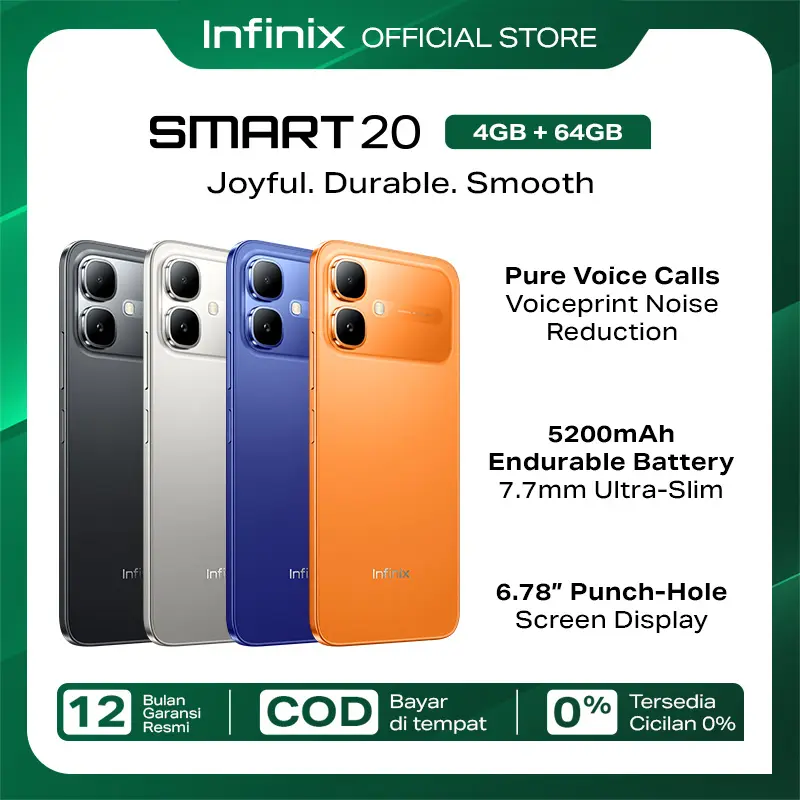 [New Launch] Infinix Smart 20 4/64GB - Up to 8GB Extended RAM - Mediatek Helio G81 - 6.78” - 8MP - 5200 mAh - IP64