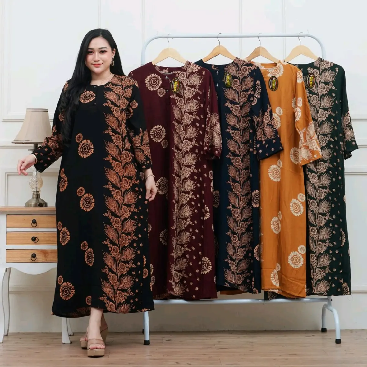 Bisa COD Daster Longdress   Devarina Lengan panjang  Batik Motif Devarina Rayon Santung LD110 friendly  Busui Daster full body hits Long Gamis Muslim Wanita Santai Nyaman Brown SETELAN FASHION Kancing lengen Pendek