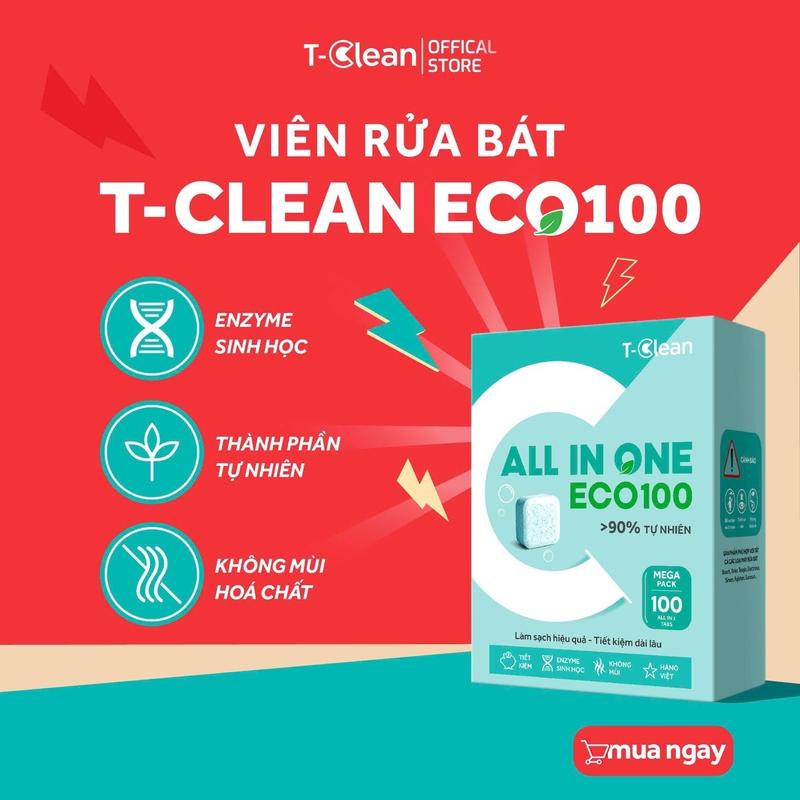 Viên Rửa Bát T-Clean Eco100 – Hộp 100 Viên | Làm Sạch Dầu Mỡ | Không Mùi | Tiết Kiệm Cho Máy 12–14 Bộ