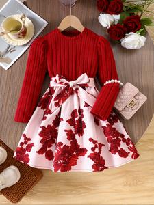 Vestido de niñas para otoño invierno nuevo de punto de vellón con manga larga y parches de estampado floral, ropa suave y acogedora