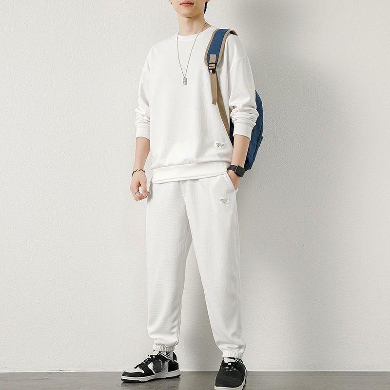 Product Introduction of Waffle Sweater Suit Loose Casual Autumn and Winter New round Neck Men's Long-Sleeved Trousers Teen Clothes 3