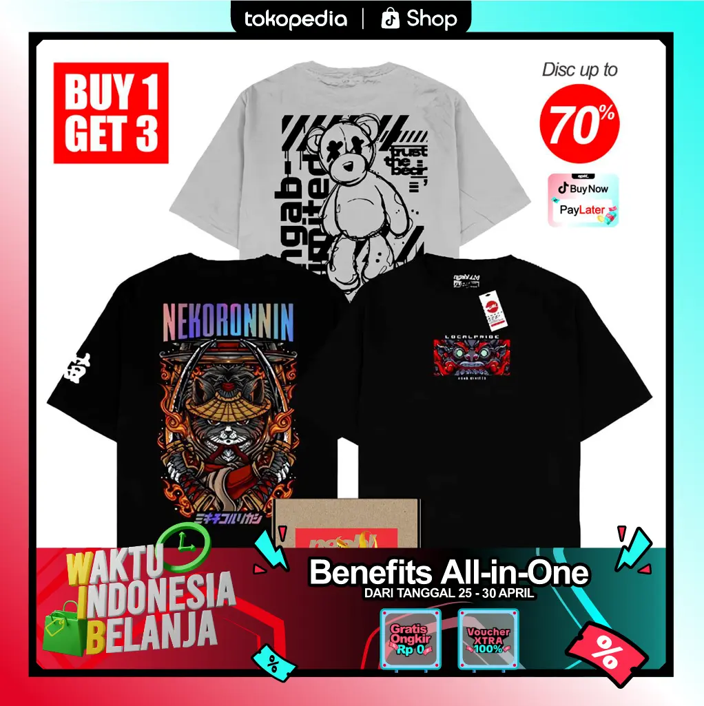 (Gratis Stiker, Lanyard) Buy 1 Get 3 Ngab Kaos Sablon Distro Variasi Bundling Nekoronnin Reflective Rainbow Barong Trust The Bear BD008 Unisex Pria Wanita Cotton Combed 24s ( Beli 3 Pcs Gratis Gelang ) Keren