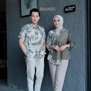 BRAWEE Baju Batik Couple Modern Atasan Batik Couple Pria Wanita Sekar