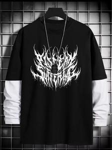 Camiseta holgada de manga larga con cuello redondo y estampado de texto gótico, estilo urbano casual, cómoda y moderna, ideal para regalo
