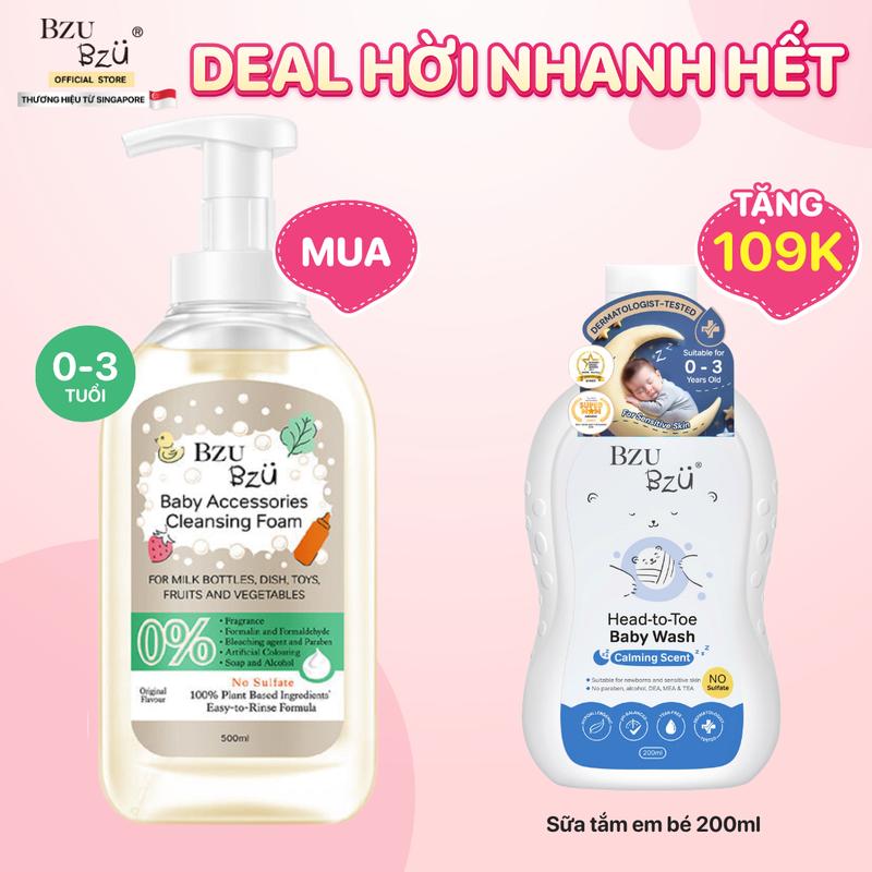 Nước Rửa Bình Sữa Và Đồ Dùng Em Bé BZU BZU Baby Accessories Cleansing Foam Chai 500ml Hương Tự Nhiên