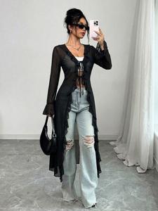Camisa larga holgada de encaje para mujer, top ligero y transparente con protección solar, prenda exterior para primavera y otoño, manga larga, corte holgado
