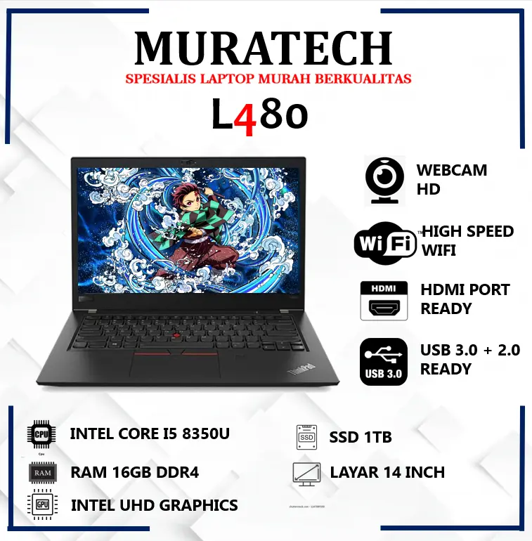 Laptop Kerja Murah L480 Intel Core I5 Ram 16GB SSD 512GB 14 inch Bagus