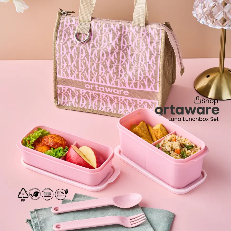 Ortaware Shop LUNA Lunchbox Set Tas 2 Kotak Makan 2 Sekat Sendok Garpu BPA Free Pink Kitchenware untuk Sekolah & Kantor BPA Free Food Safe Material PP5 Plastik Murni Microwave & Fridge Safe