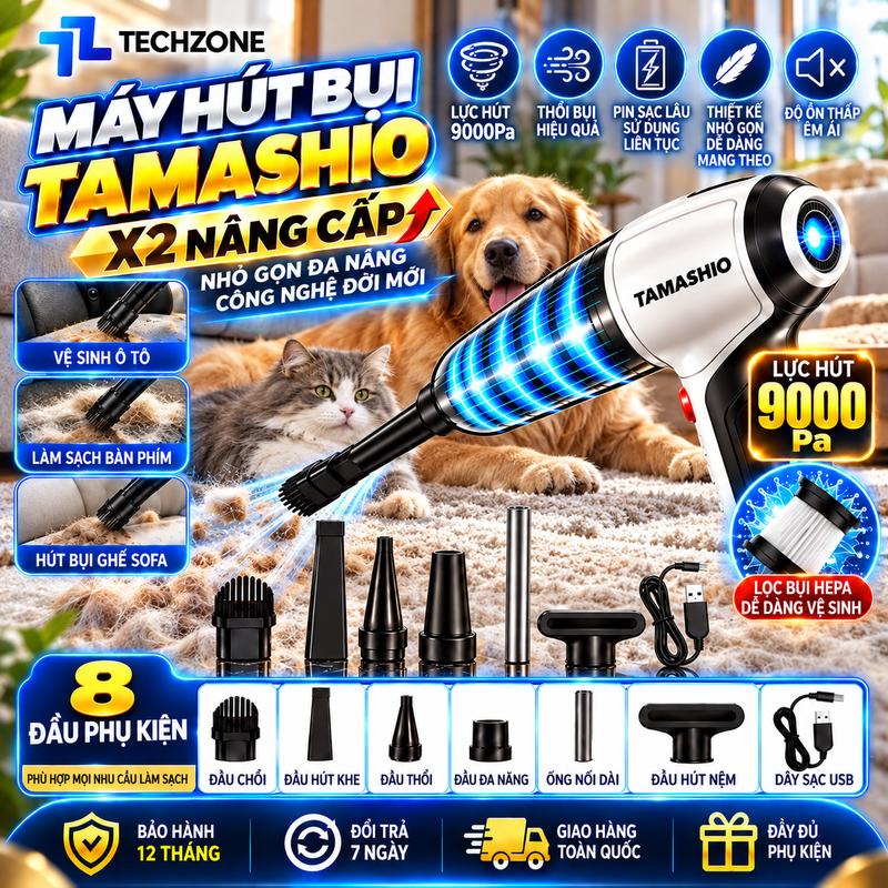 [ CÓ ĐẦU HÚT NỆM ] Máy Hút Bụi Cầm Tay Không Dây TAMASHIO 8 Đầu Hút, Lực Hút 9000Pa , Có Đầu Hút Nệm , Hút Lông Chó Mèo , Hút Bụi Ô Tô