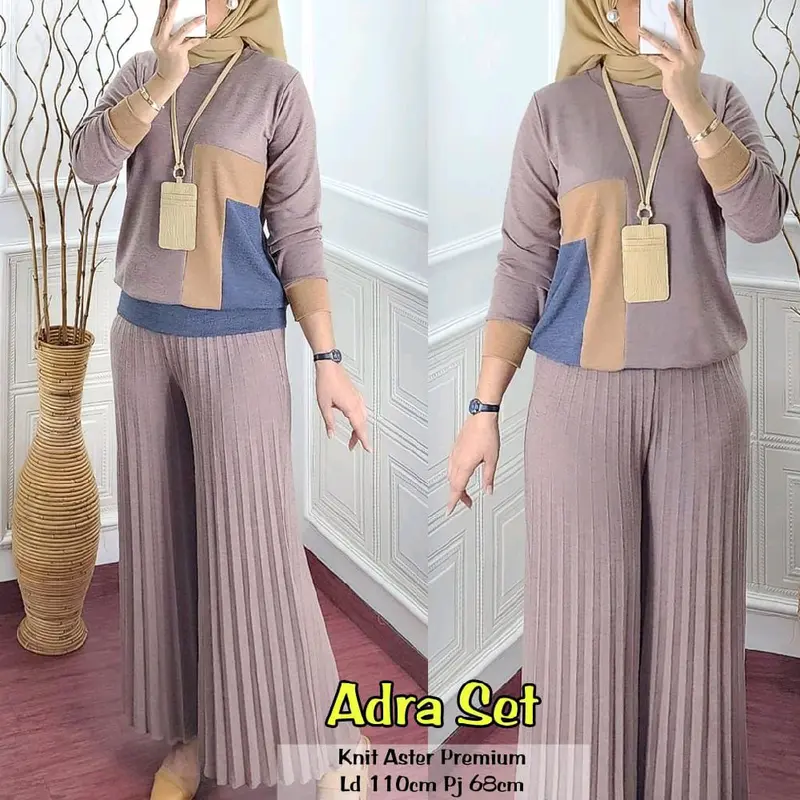 Pakaian setelan wanita bahan knit aster import LD 110-120 cm lengan panjang celana kulot plisket nyaman dipakai bestseller Sandra set Adra set by Vensy marsella 6