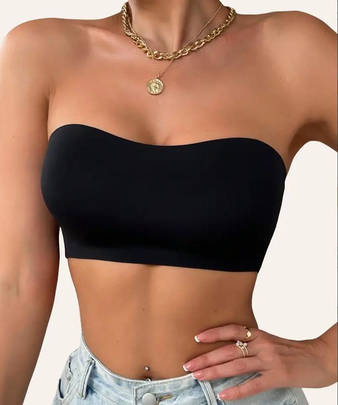 Women's Solid Color Buckle Side Criss Cross Bandeau Bra, Push Up Strapless Bra, Soft Comfortable Breathable Lingerie for Daily Wear 1