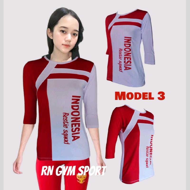 baju kaos senam wanita atasan olah raga merah putih bahan elastis 6