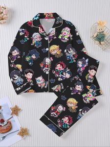Pijama temático de (Demon Slayer) para niños, conjunto de ropa de dormir casual de manga larga y pantalones, nuevo para otoño e invierno, cárdigan resistente al fuego, incluye imagen de Tanjiro y Neuko.