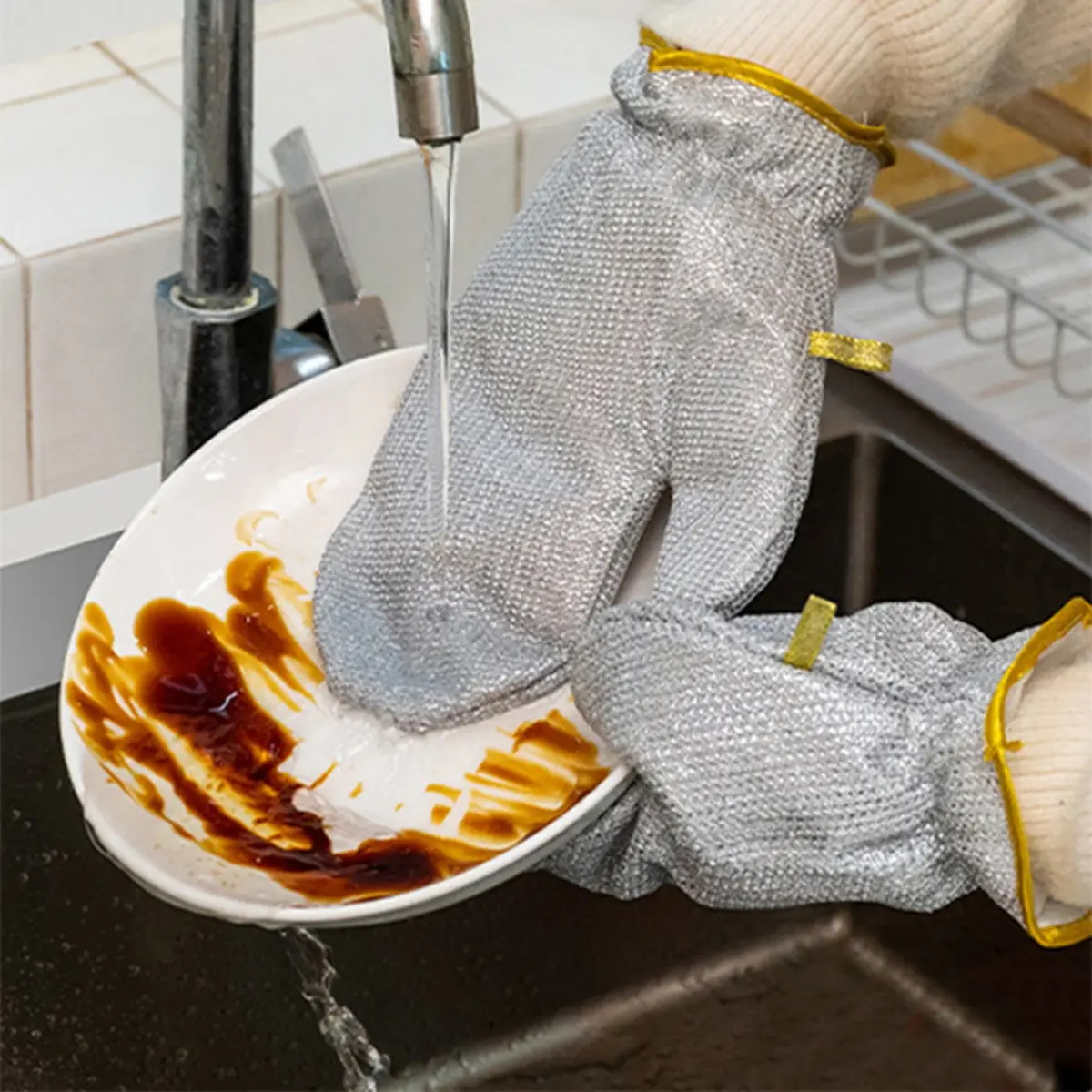 Găng tay rửa chén dây thép, Nâng cấp găng tay gia dụng, Vải lá nhôm, Không thấm nước, dây cho nhà bếp, 2 bộ, Thích hợp để làm sạch, Sạch sẽ