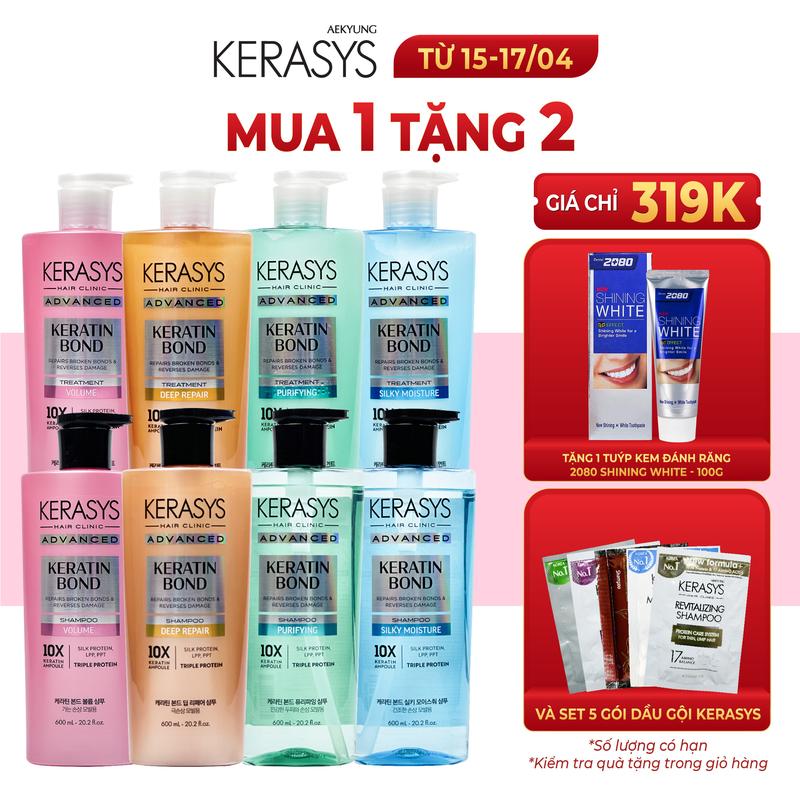 Cặp dầu gội xả Kerasys Advanced Keratin Bond Hàn Quốc phục hồi chuyên sâu tóc hư tổn, làm phồng tóc, dưỡng tóc