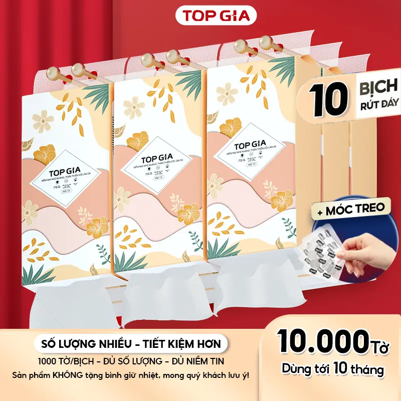 [DEAL COMBO 10 BỊCH] Thùng 10 Bịch Khăn Giấy Rút Đáy Top Gia Tiểu Hạ, Khăn Giấy 4 Lớp Mềm Mịn, Thành Phần Bột Gỗ Tự Nhiên Thân Thiện An Toàn, Khăn Giấy Vệ Sinh